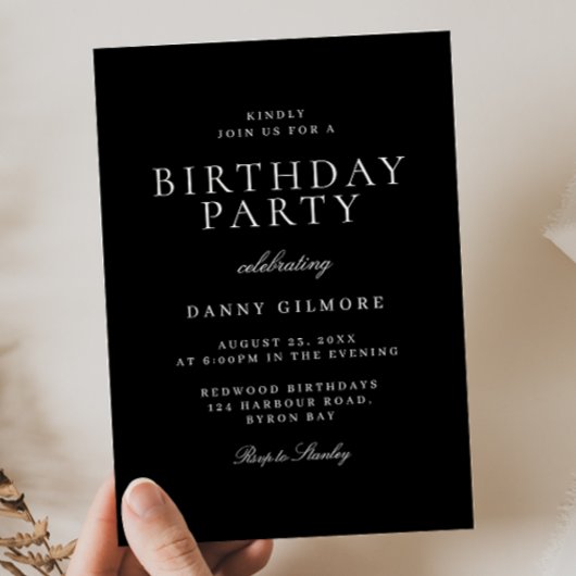 ブラック&ホワイトクラシックバースデーモダンパーティー 招待状