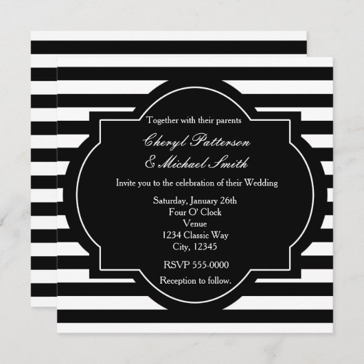 ブラック&ホワイトクラスストライプのパーティの招待状 招待状 (正面/裏面)