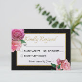 ブラック&ホワイトグリッター&ピンクローズ結婚ズ 出欠カード (スタンド正面)