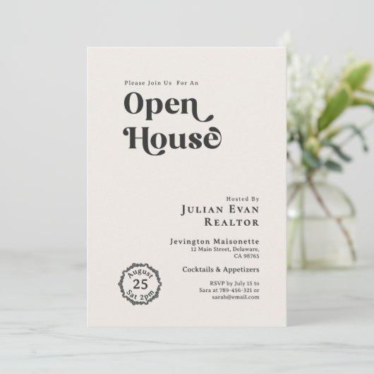 ブラック&ホワイトシックタイポグラフィビジネスオープンハウス 招待状 (スタンド正面)