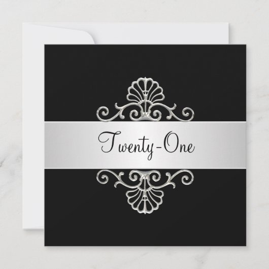 ブラック＆ホワイトシルバー 21歳の誕生日 招待状 (正面)
