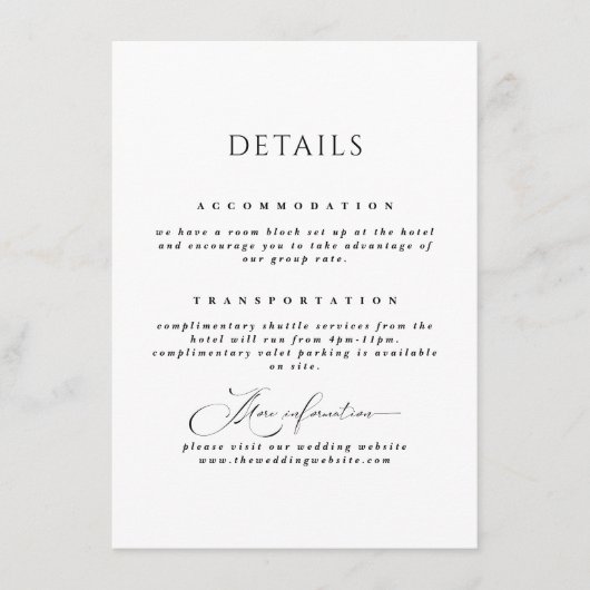 ブラック&ホワイトシンプルエレガントなウェディング詳細 エンクロージャーカード (正面)