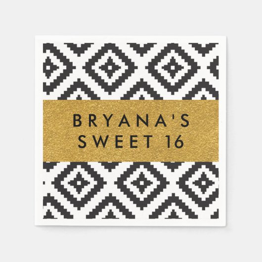 ブラック&ホワイトジオメトリックシック金ゴールドモダンナプキン スタンダードカクテルナプキン (正面)