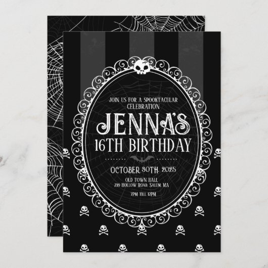 ブラック&ホワイトスカルストライプ誕生日招待状 (正面/裏面)