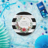 ブラック&ホワイトストライプクリスマスロビンリース ペーパープレート (パーティー)