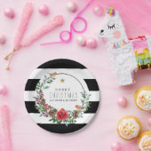 ブラック&ホワイトストライプクリスマスロビンリース ペーパープレート (パーティー)