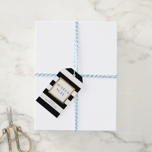 ブラック&ホワイトストライプクリスマス"ジョエウノエル" ギフトタグ (より糸付き)