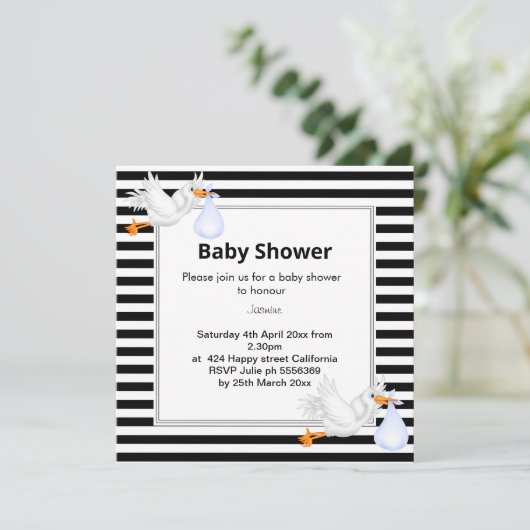 ブラック&ホワイトストライプスポットストーク赤ちゃんシャワー 招待状 (スタンド正面)