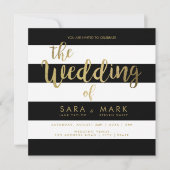 ブラック&ホワイトストライプタイポグラフィとゴールドフォイル 招待状 (正面)