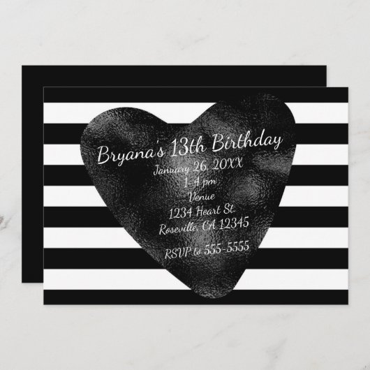 ブラック&ホワイトストライプハートシックパーティの招待状 招待状 (正面/裏面)
