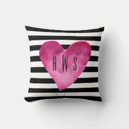 ブラック+ホワイトストライプハート水彩モノグラム クッション
