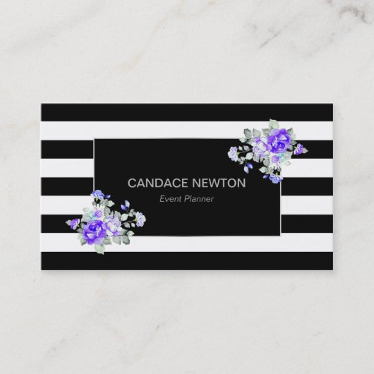 ブラック&ホワイトストライプバラとシルバー&ラベンダー 名刺 (正面)