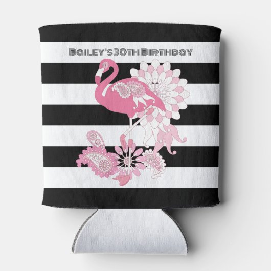 ブラック&ホワイトストライプフラミンゴ誕生日パーティー 缶クーラー (裏面)