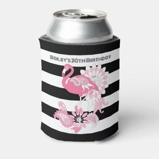 ブラック&ホワイトストライプフラミンゴ誕生日パーティー 缶クーラー (缶裏面)