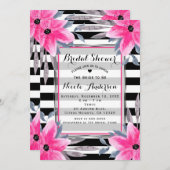 ブラック&ホワイトストライプフローラモダン植物学 招待状 (正面/裏面)