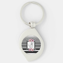 ブラック&ホワイトストライプフローラモノグラム キーホルダー