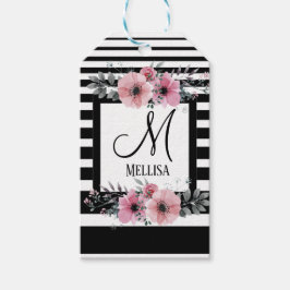 ブラック&ホワイトストライプフローラモノグラム ギフトタグ