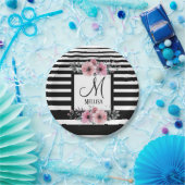 ブラック&ホワイトストライプフローラモノグラム ペーパープレート (パーティー)