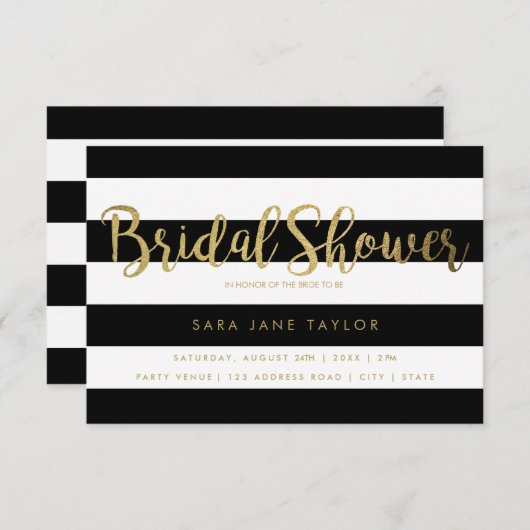 ブラック&ホワイトストライプブライダルシャワーとゴールドフォイル 招待状 (正面/裏面)