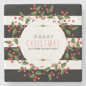 ブラック&ホワイトストライプリースとクリスマス ストーンコースター (正面)