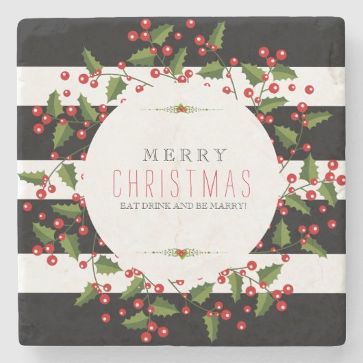 ブラック&ホワイトストライプリースとクリスマス ストーンコースター (正面)