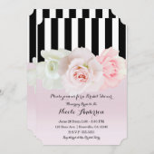 ブラック&ホワイトストライプローズピンクブライダルシャワー 招待状 (正面/裏面)