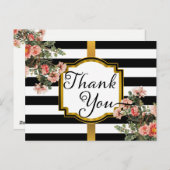 ブラック | ホワイトストライプヴィンテージフローラありがとう ポストカード (正面/裏面)