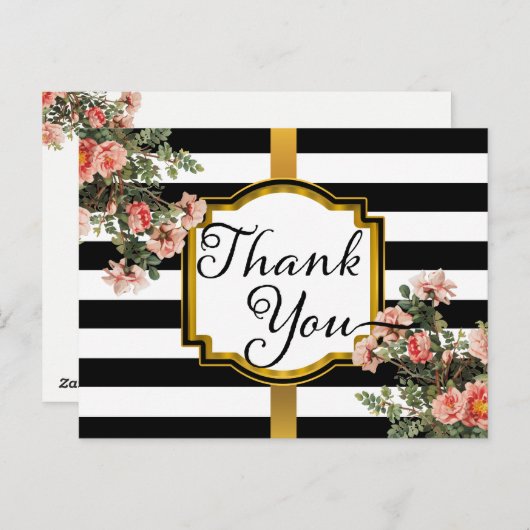 ブラック | ホワイトストライプヴィンテージフローラありがとう ポストカード (正面/裏面)