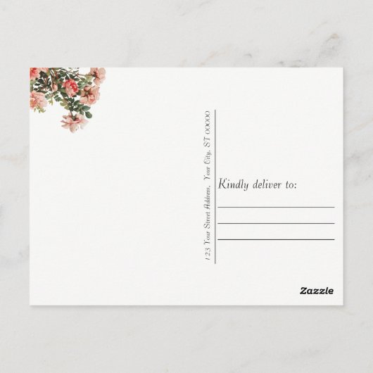 ブラック | ホワイトストライプヴィンテージフローラありがとう ポストカード (裏面)