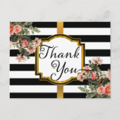 ブラック | ホワイトストライプヴィンテージフローラありがとう ポストカード (正面)