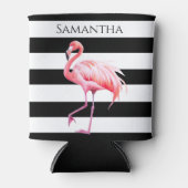 ブラック&ホワイトストライプ名前をカスタムするピンクフラミンゴ 缶クーラー (正面)