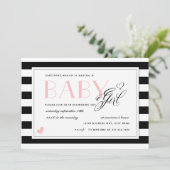 ブラック&ホワイトストライプ淡い色のピンクガールベビーシャワー 招待状 (スタンド正面)