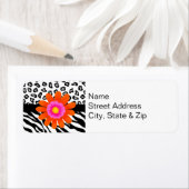 ブラック&ホワイトゼブラ&チーターススキン&オレンジ色の花 ラベル (インサイチュ)