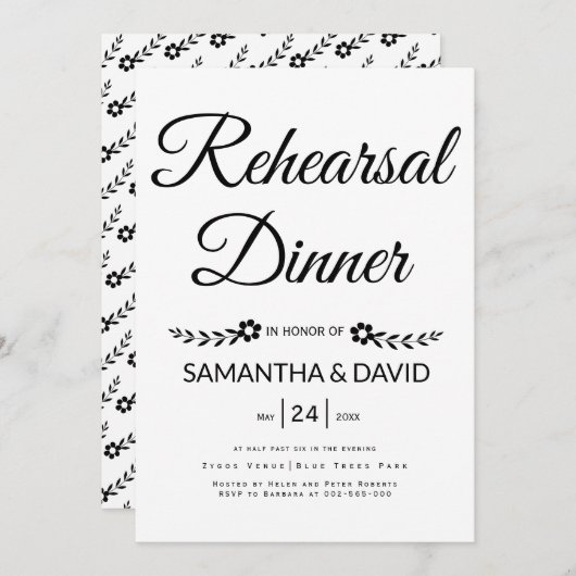 ブラック、ホワイトタイポグラフィ結婚のリハーサルディナー 招待状 (正面/裏面)