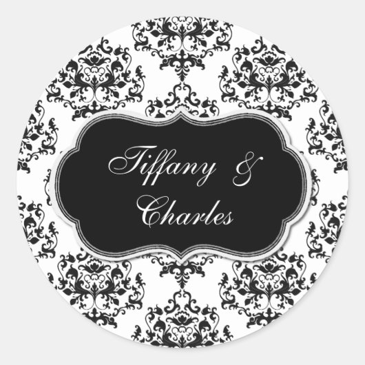 ブラック&ホワイトダマスクウェディング封筒用シールステッカー ラウンドシール (正面)