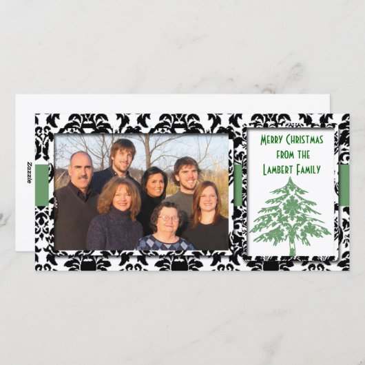 ブラック&ホワイトダマスクグリーンツリーメリークリスマス シーズンカード (正面/裏面)
