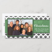 ブラック&ホワイトダマスクグリーントリムメリークリスマス シーズンカード (正面/裏面)