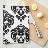 ブラック&ホワイトダマスクシックモダンパタエレガントーン キッチンタオル (四つ折り)