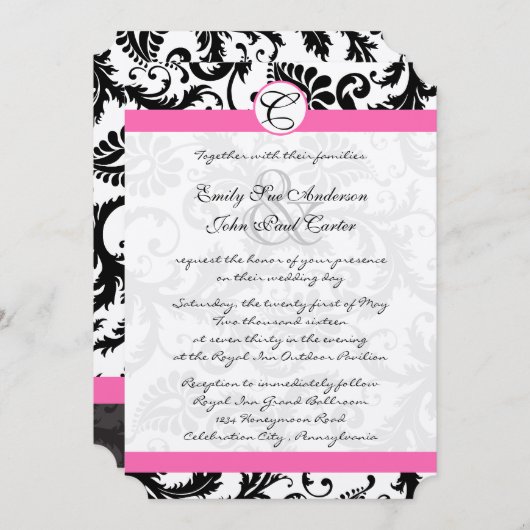 ブラック&ホワイトダマスクスワーズ明るい赤紫色ピンクトリム 招待状 (正面/裏面)