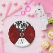 ブラック&ホワイトダマスクレッドボウグラムスウィート16パーティー ペーパープレート (パーティー)