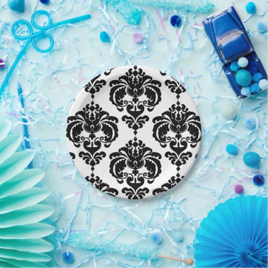 ブラック&ホワイトダマスクヴィンテージウェディングイベントパーティー ペーパープレート (パーティー)