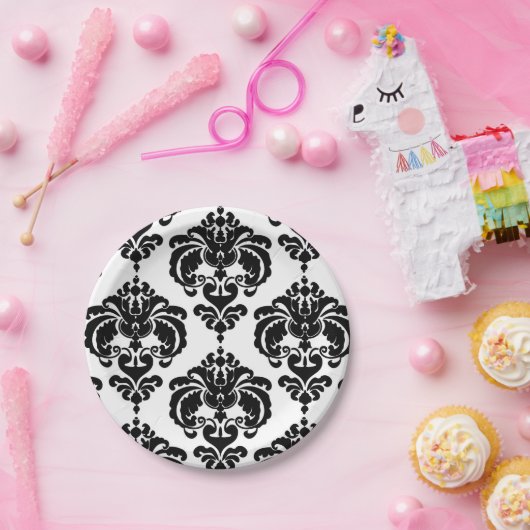 ブラック&ホワイトダマスクヴィンテージウェディングイベントパーティー ペーパープレート (パーティー)