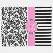 ブラック&ホワイトダマスク&ストライプモノグラム フリースブランケット (正面(横))