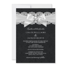 ブラック&ホワイトダマスク&パールボウウェディング招待