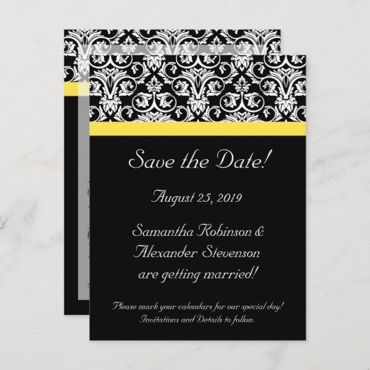 ブラック/ホワイトダマスク(黄鮮やか色) 案内ポストカード (正面/裏面)