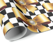 ブラック&ホワイトチェック&金ゴールドパールボウ ラッピングペーパー (ロールコーナー)