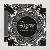 ブラック&ホワイトトライバルフラワーディナーカスタムパーティー 招待状 (正面/裏面)