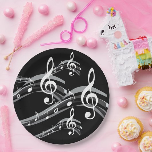 ブラック&ホワイトトレブルクレフ、 音符記号 ペーパープレート (パーティー)