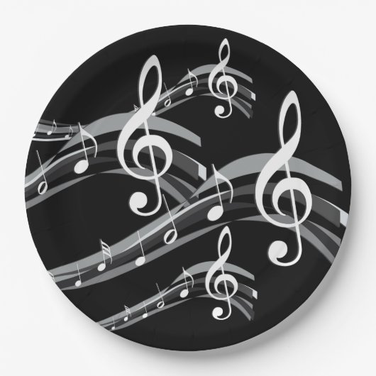 ブラック&ホワイトトレブルクレフ、 音符記号 ペーパープレート (正面)