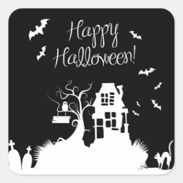 ブラック&ホワイトハウス幽霊のよく出るハロウィーンステッカー スクエアシール